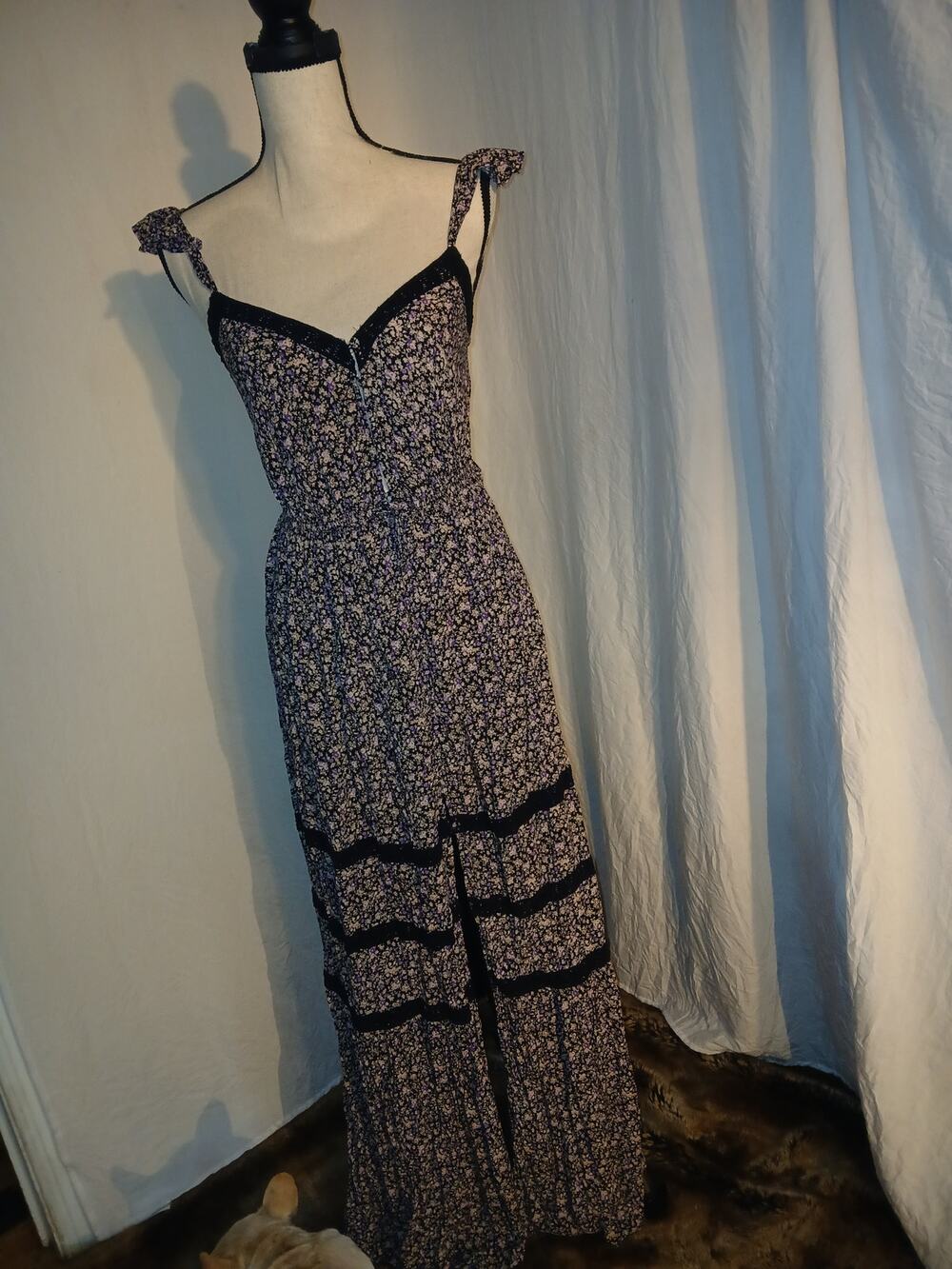 Forever 21 Purple Floral Lace Trim Tie Strap Maxi Dress